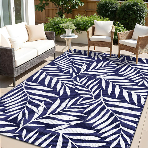 OLANLY waterproof outdoor rug navy-white leaf pattern for patios and decks