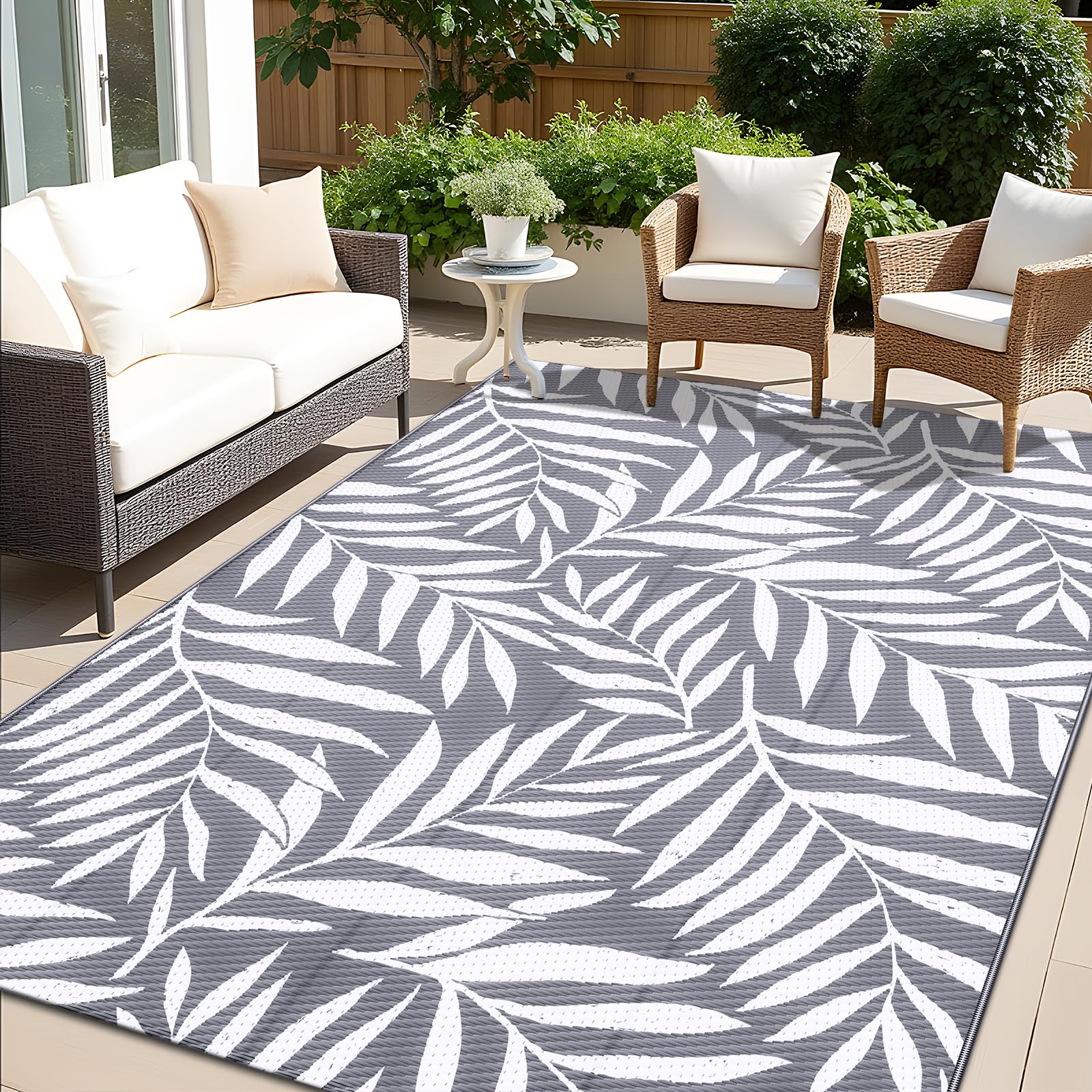 OLANLY waterproof outdoor rug 5x8 top view; durable leaf pattern for patios and decks.