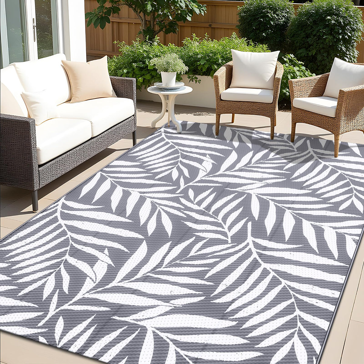 OLANLY waterproof outdoor rug 5x8 top view; durable leaf pattern for patios and decks.