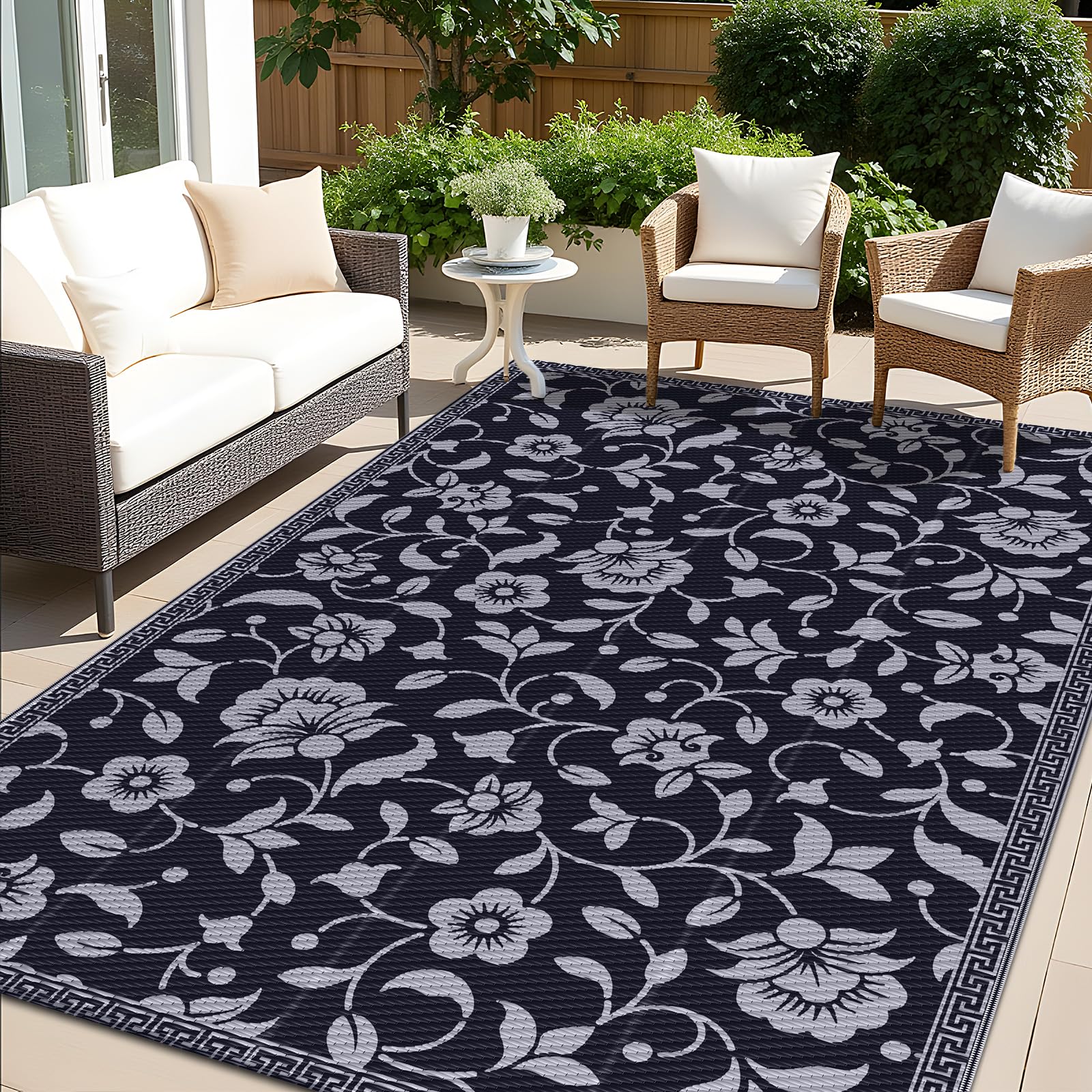 OLANLY waterproof outdoor rug 5x8 with floral pattern, ideal for patios and decks.