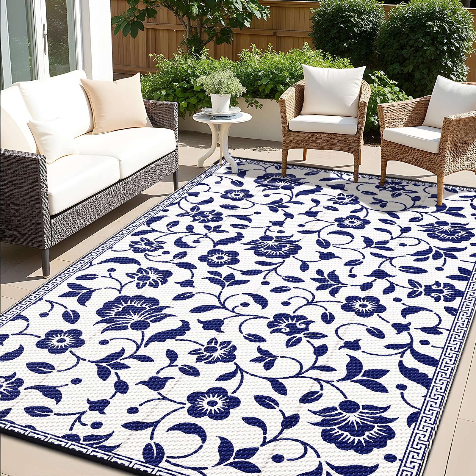 OLANLY waterproof outdoor rug with navy-white flower pattern for patios.