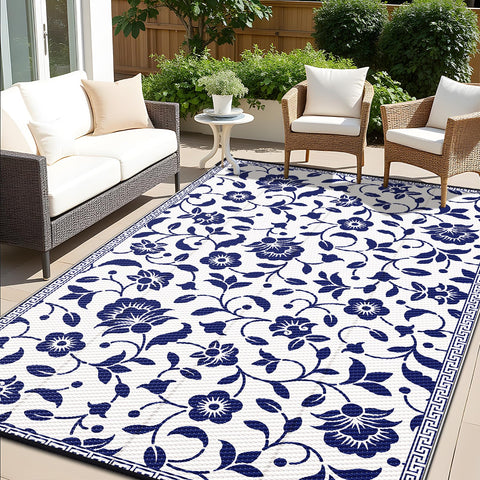 OLANLY waterproof outdoor rug 9x12 navy and white flower pattern for patios and decks.