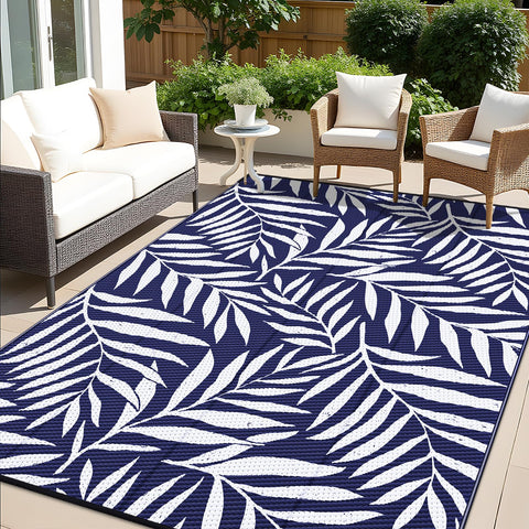 OLANLY waterproof outdoor rug in navy and white leaf pattern for patios