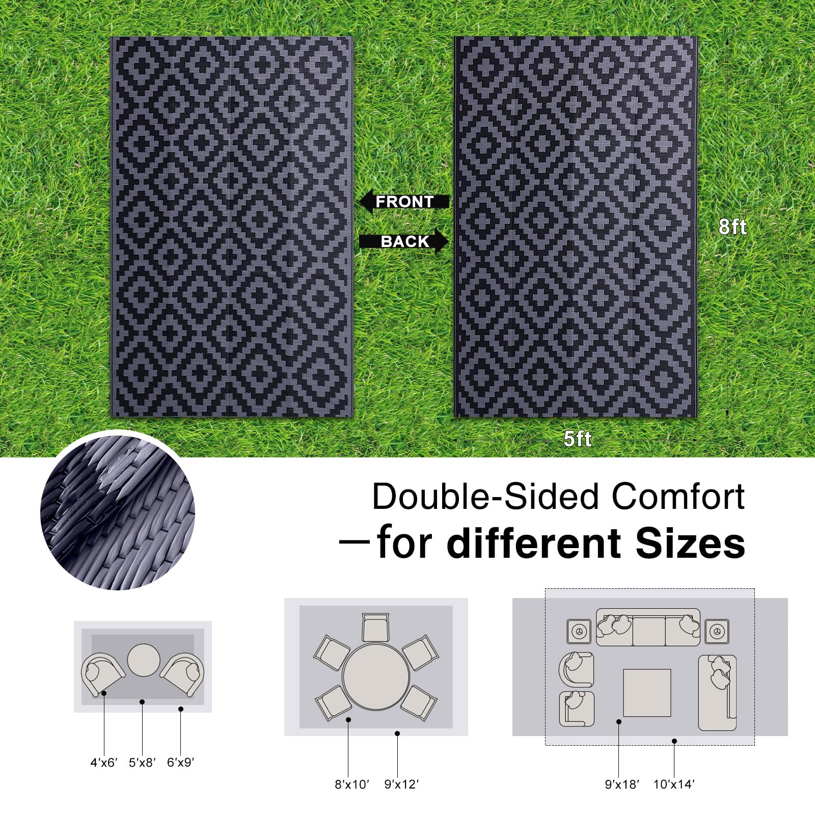 OLANLY waterproof rug with reversible sides adds versatile style to any deck