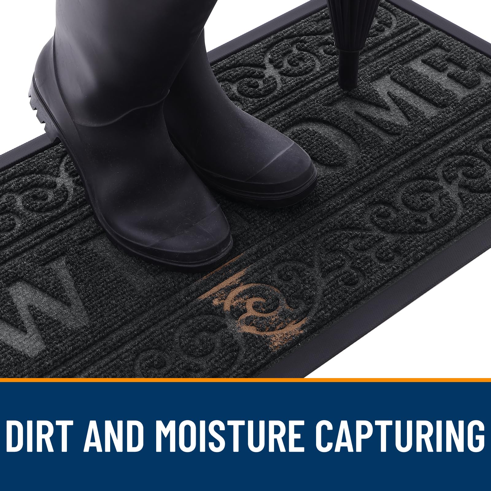 OLANLY Welcome Door Mat being vacuumed for quick cleanup and maintenance.