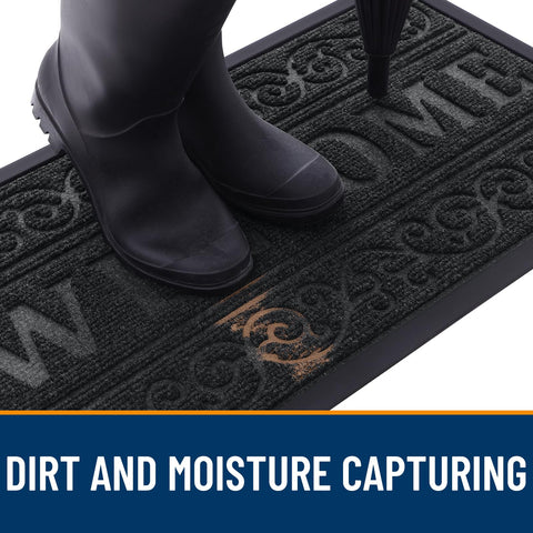 OLANLY Welcome Door Mat being vacuumed for quick cleanup and maintenance.