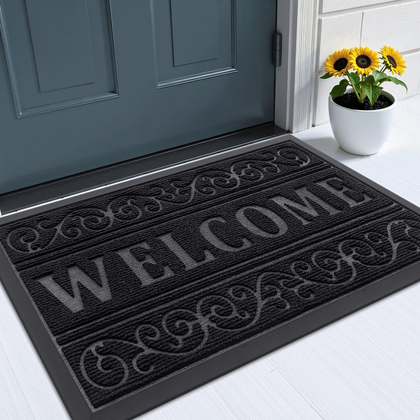 OLANLY Welcome Door Mat front view showcasing heavy-duty durability for busy entrances.
