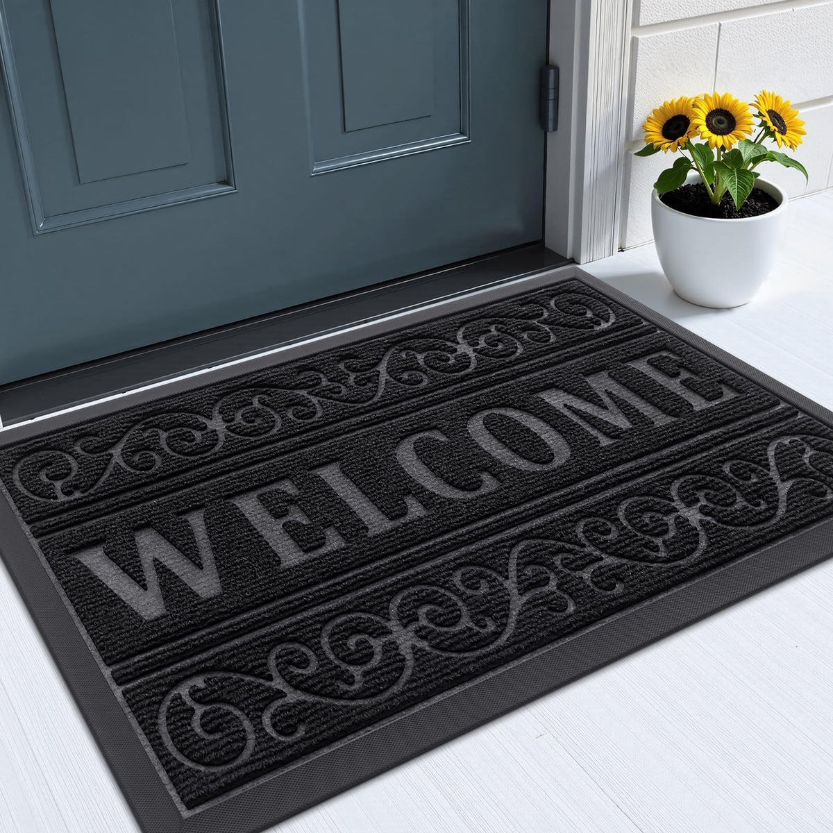 OLANLY Welcome Door Mat front view showcasing heavy-duty durability for busy entrances.