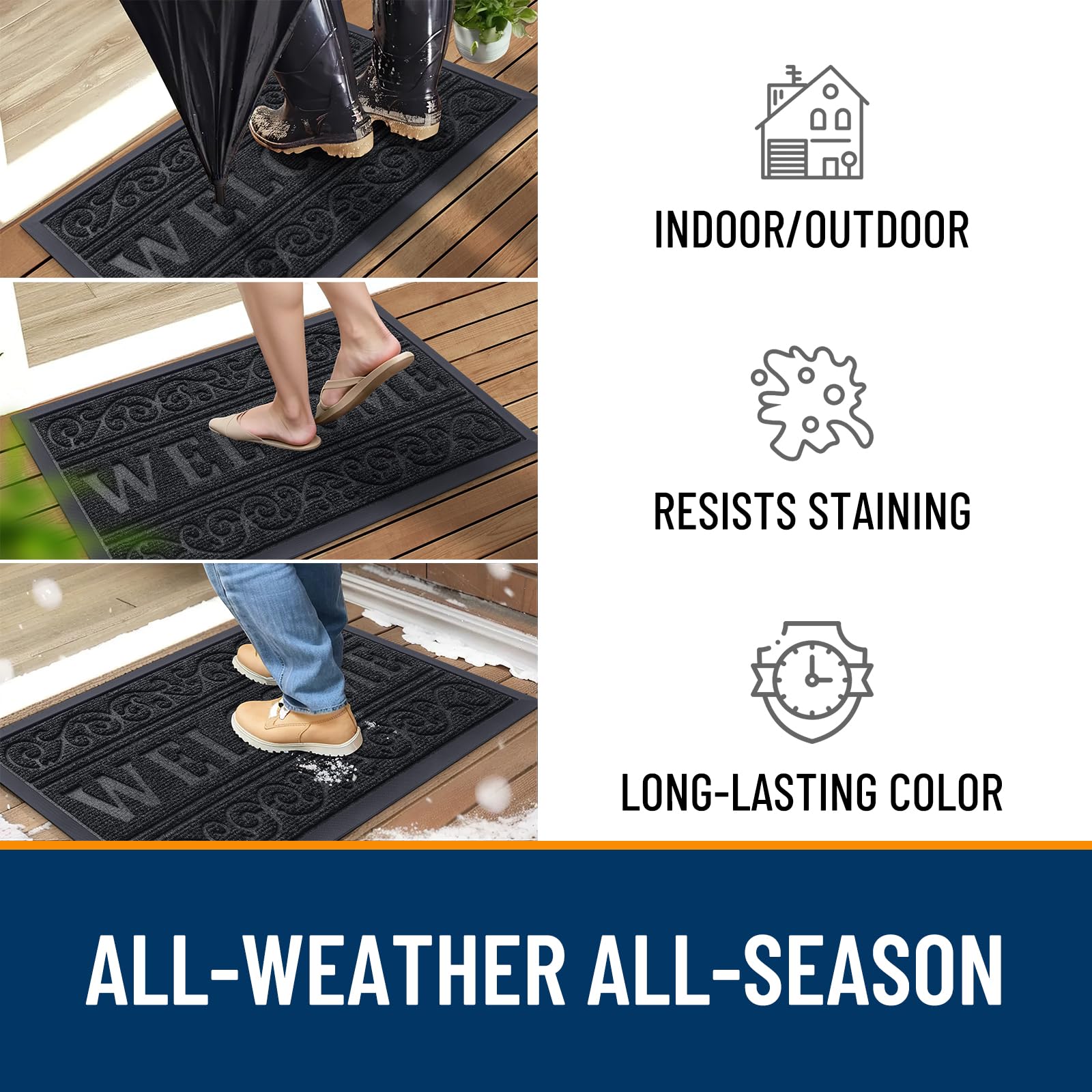 OLANLY Welcome Door Mat outdoors in rain demonstrates weather-resistant design.