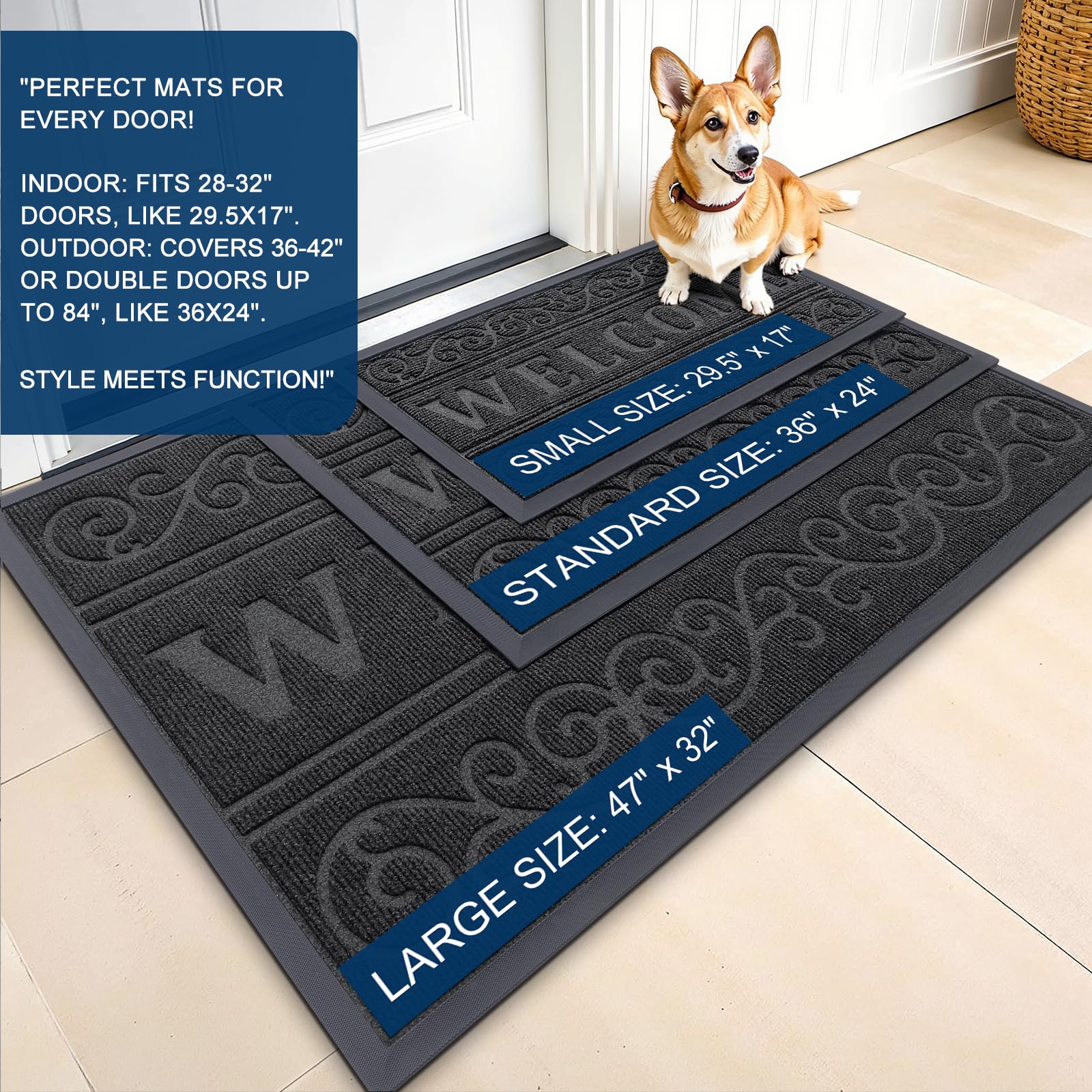 OLANLY Welcome Door Mat woven top close-up capturing dirt and moisture removal.