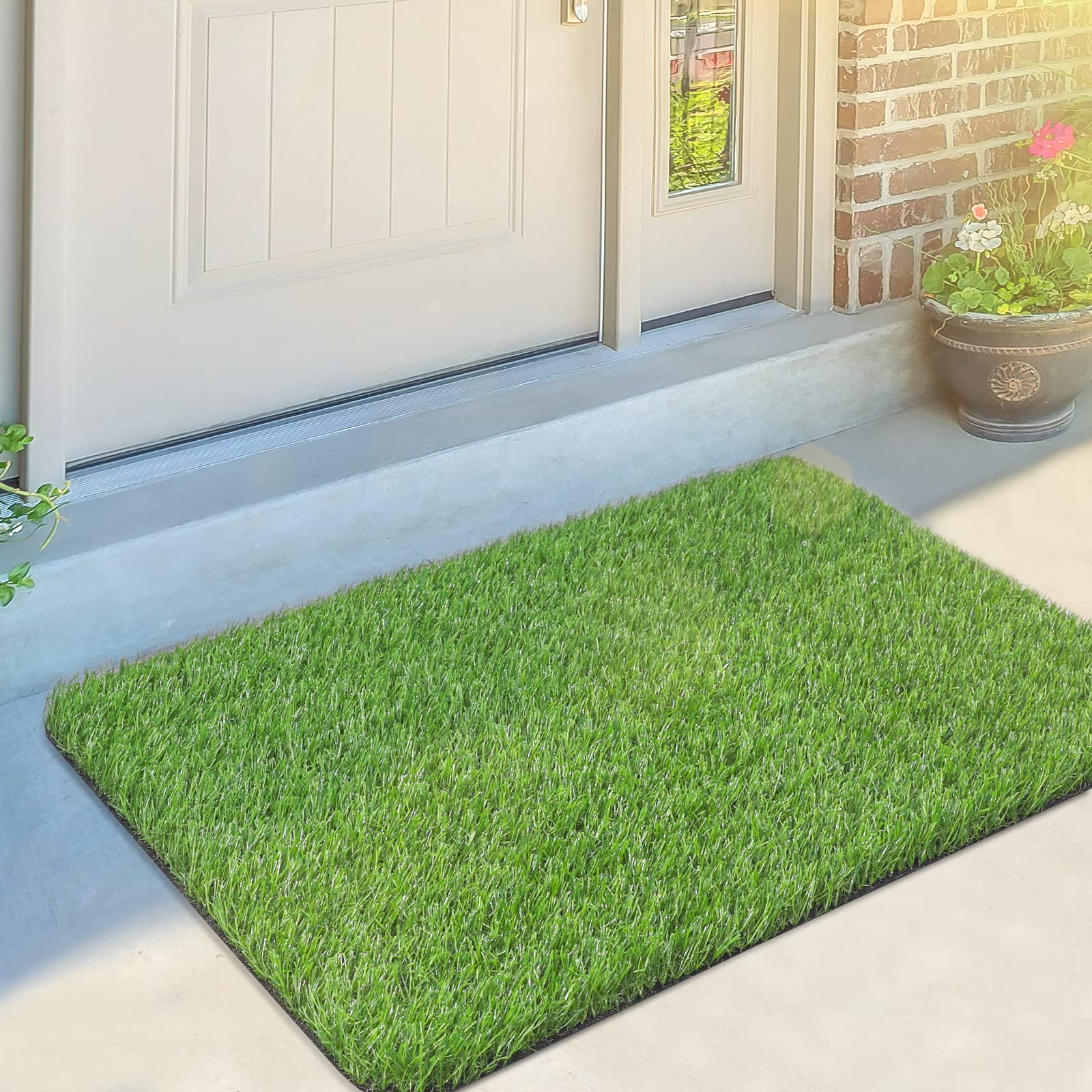 OLanto artificial grass door mat front view - welcoming entrance with realistic turf