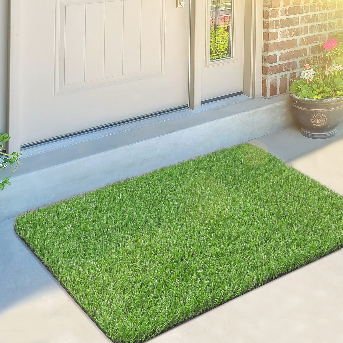OLanto artificial grass door mat front view - welcoming entrance with realistic turf