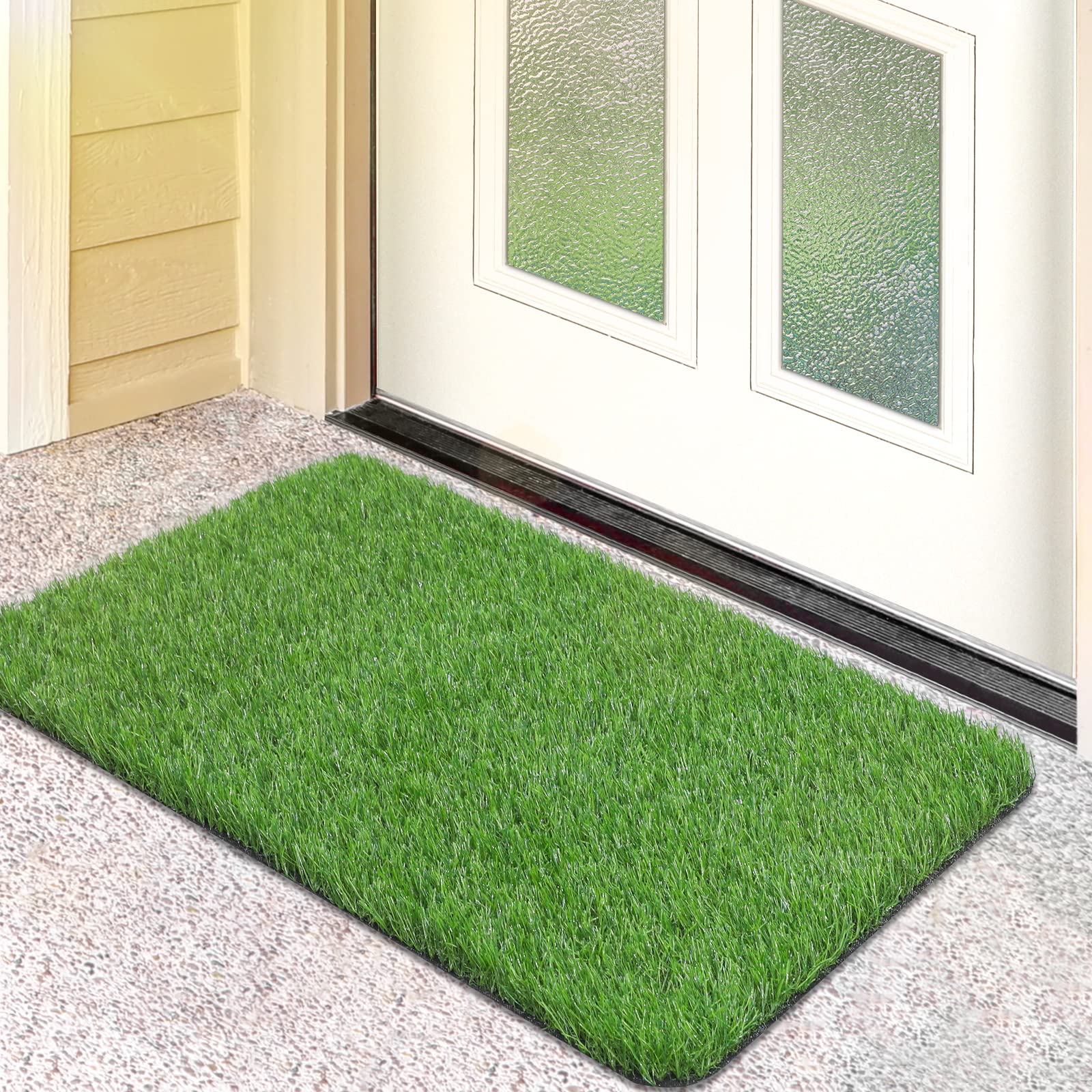 OLanto artificial grass door mat with realistic entrance look for curb appeal and easy cleaning.