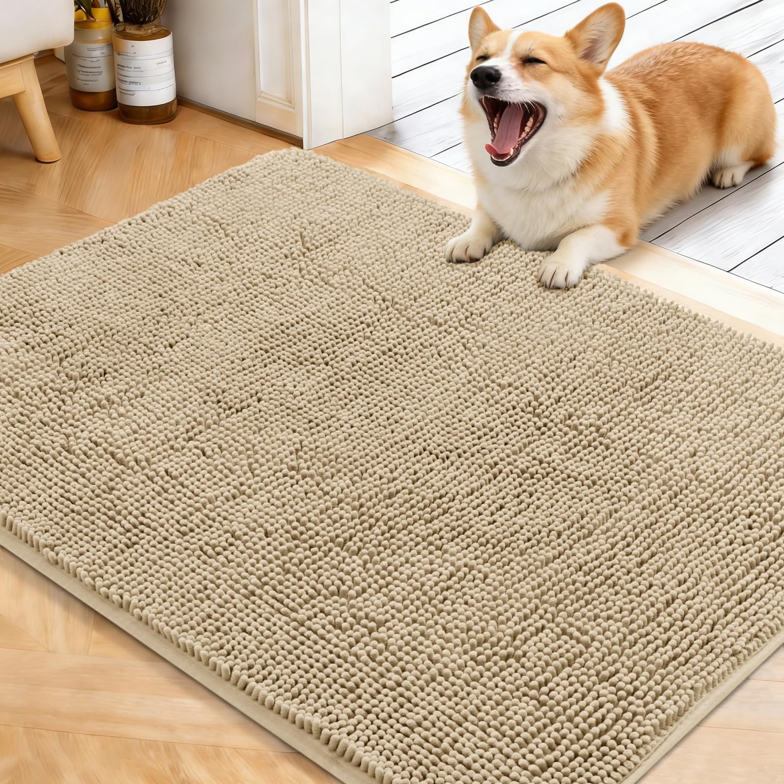 OLANLY dog door mat front view demonstrates dirt capture for clean entryways.