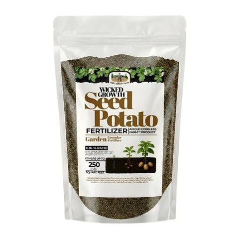 Old Cobblers Farm Wicked Growth fertilizer bottle promotes steady root development for potatoes.