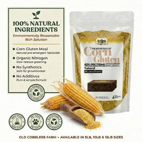 Old Cobblers Farm 20lb bag promotes lush lawns with non-GMO corn gluten.