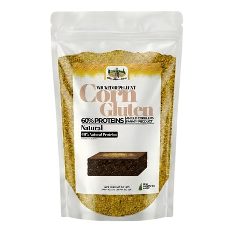 Old Cobblers Farm Wicked Repellent Corn Gluten 5lb bag for lawn weed prevention.