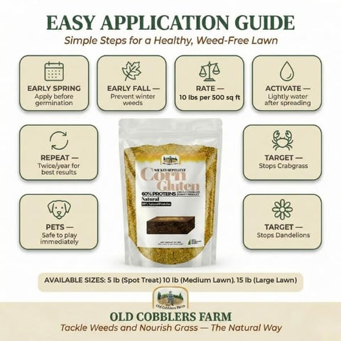 Old Cobblers Farm Wicked Repellent Corn Gluten application on lawn for weed prevention.