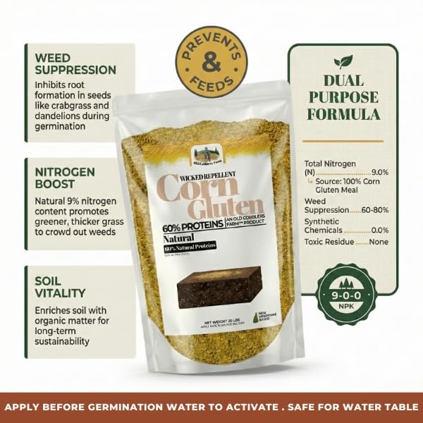 Old Cobblers Farm corn gluten used in garden beds for soil enrichment.