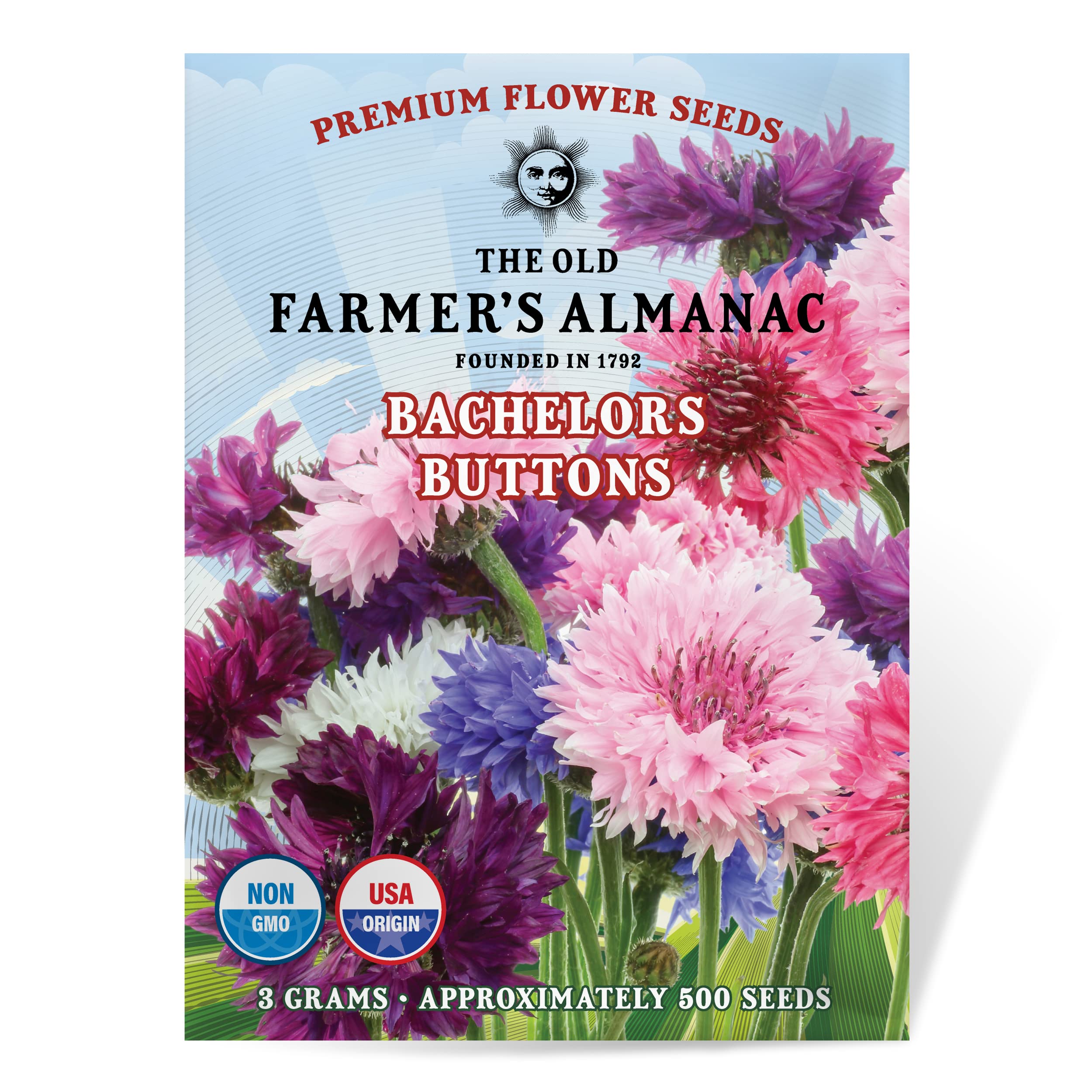 Old Farmer's Almanac Bachelors Buttons seeds packet for pollinator-friendly color.