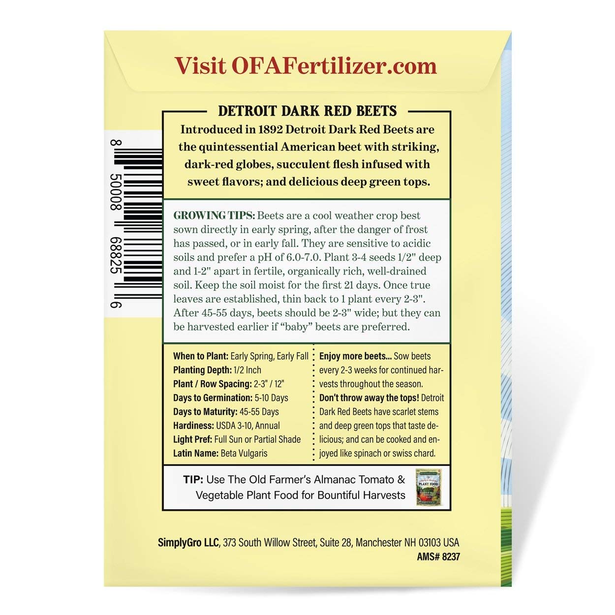 The Old Farmer's Almanac Detroit Dark Red beet seeds packet back view with germination notes