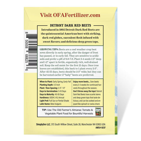 The Old Farmer's Almanac Detroit Dark Red beet seeds packet back view with germination notes
