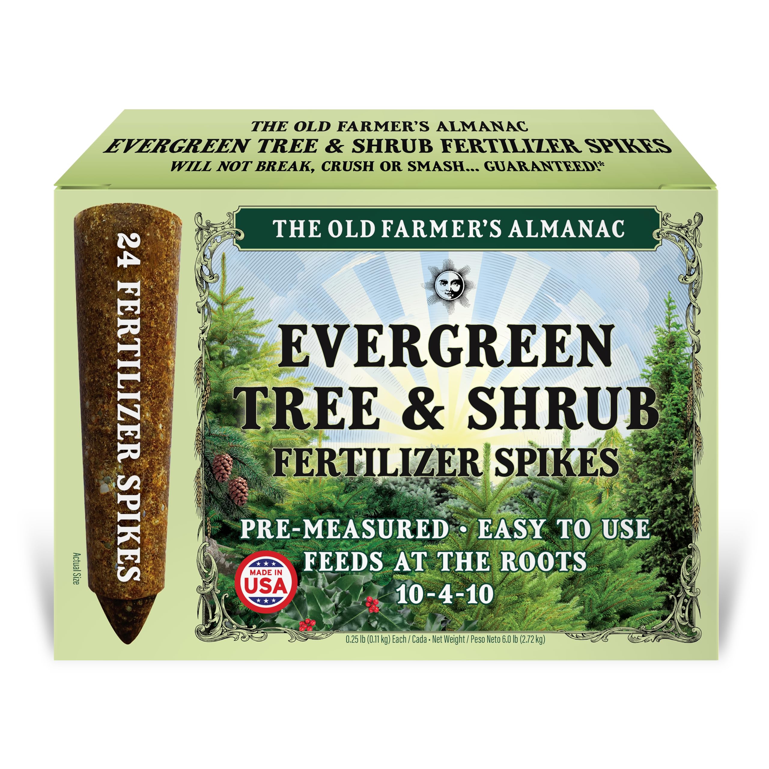 The Old Farmer's Almanac evergreen spikes packaging ready for root feeding.