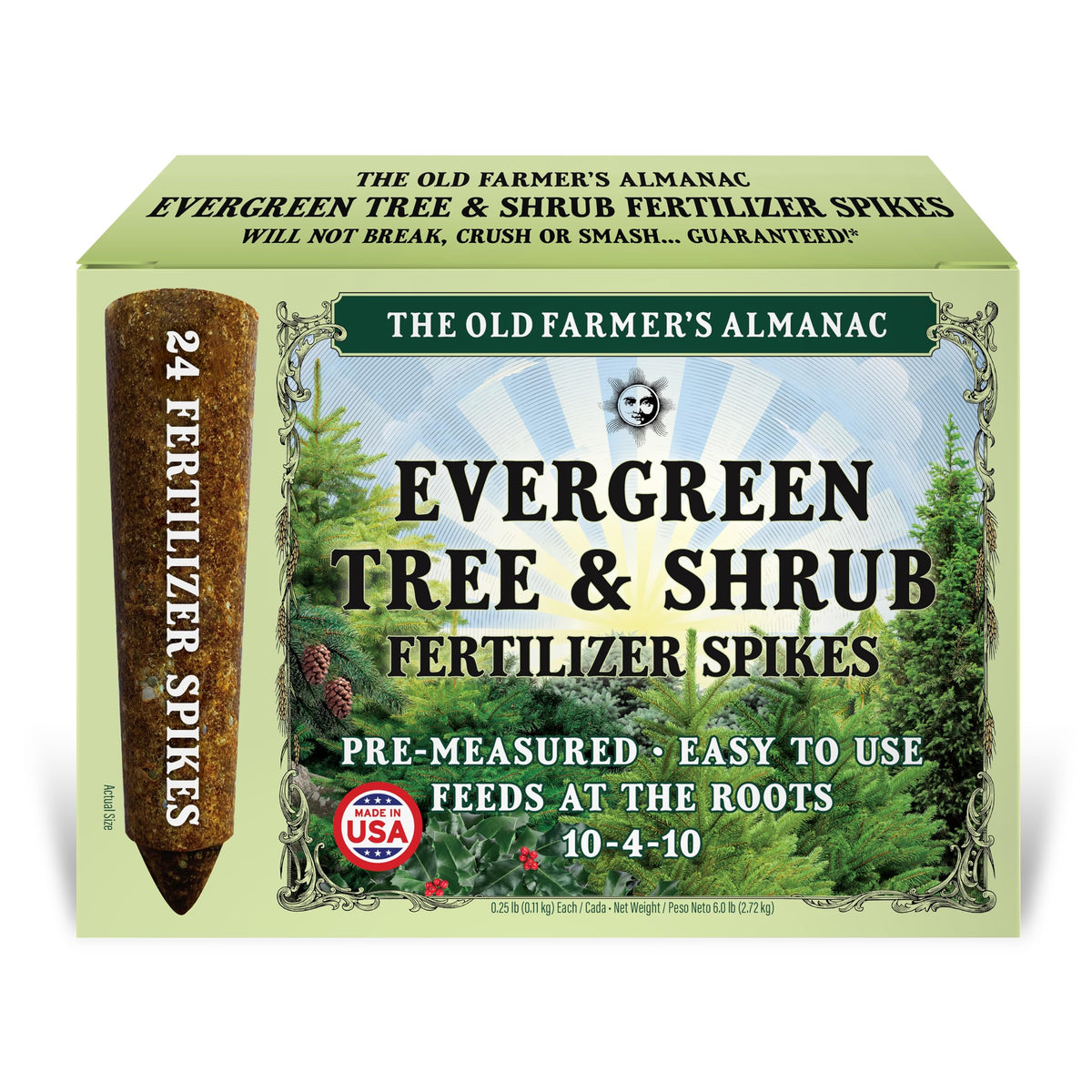 The Old Farmer's Almanac evergreen spikes packaging ready for root feeding.