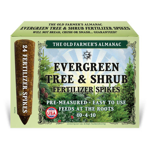 The Old Farmer's Almanac evergreen spikes packaging ready for root feeding.
