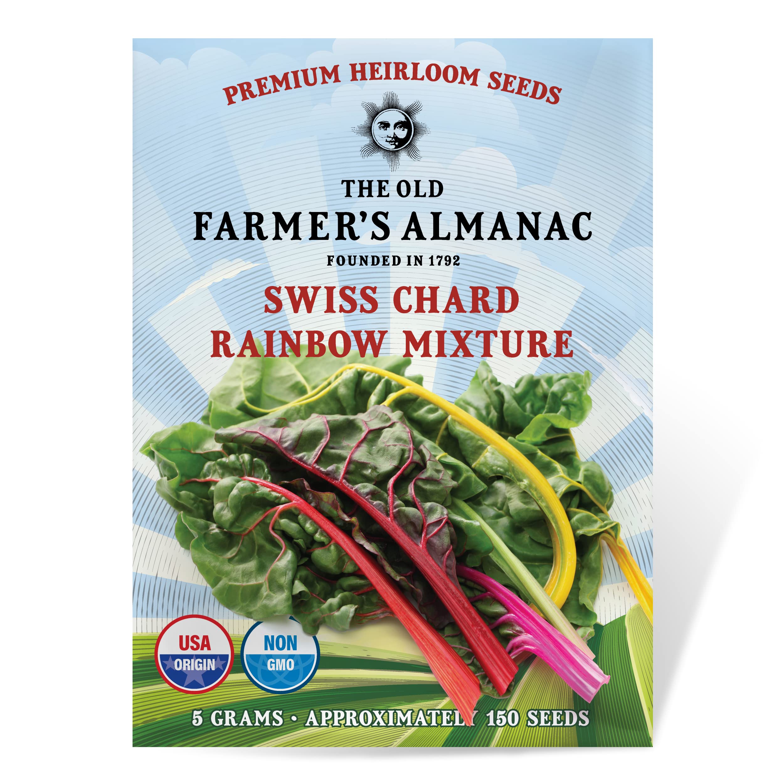The Old Farmer's Almanac rainbow Swiss chard seeds packet showing vibrant heirloom color variety for the garden