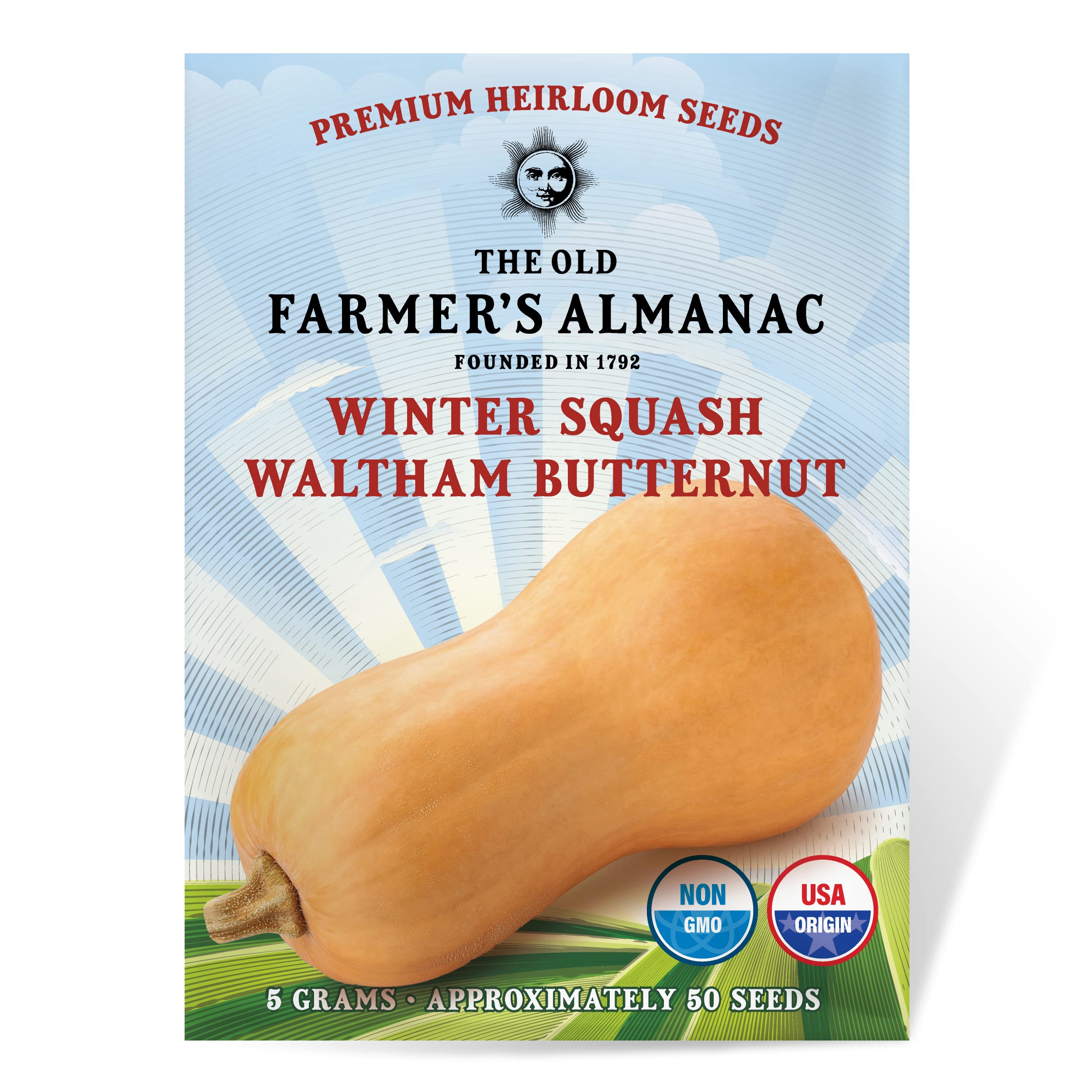 The Old Farmer's Almanac Waltham Butternut seeds packet front aids heirloom garden planning