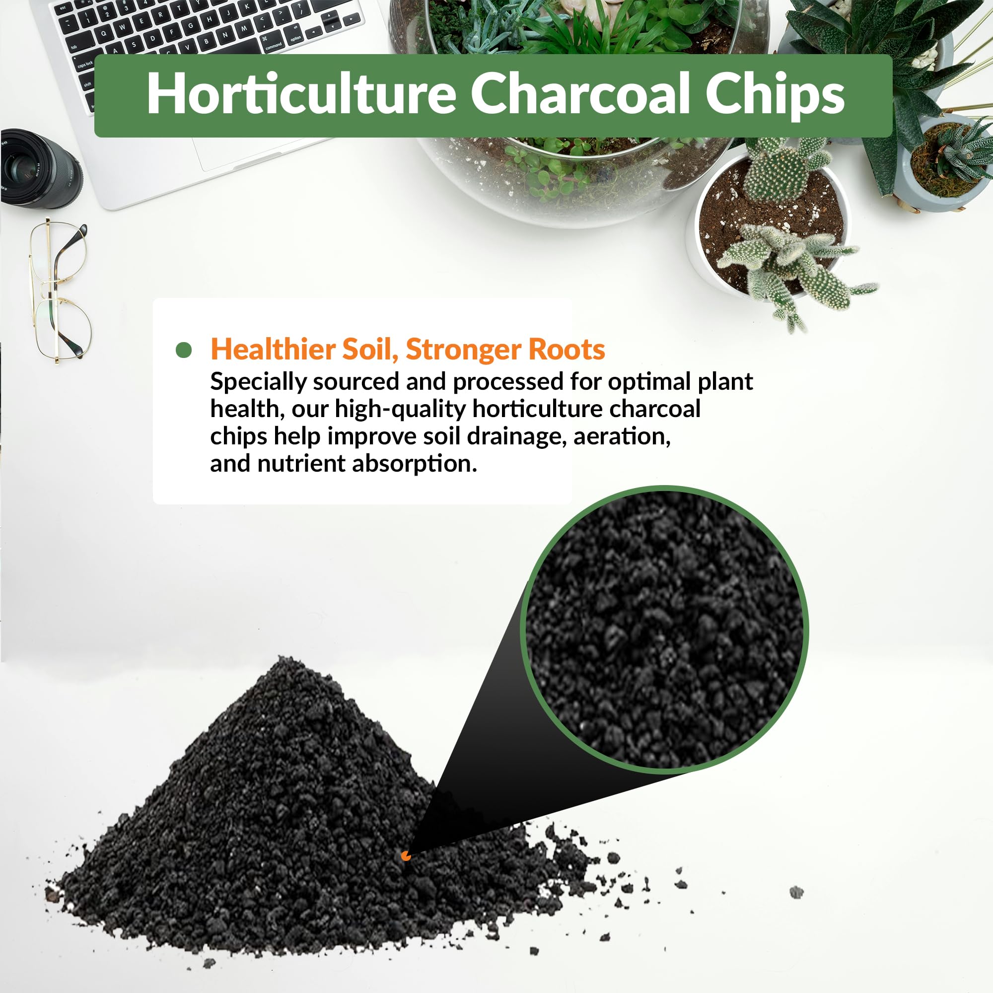 Old Potters charcoal chips small pieces in bowl for mixing with soil.