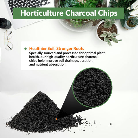 Old Potters charcoal chips small pieces in bowl for mixing with soil.