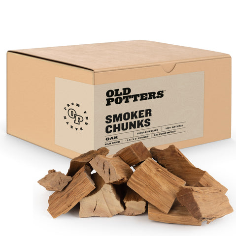 Old Potters smoker chunks oak 2x3 inch pieces in bag for versatile grilling and mild smoke flavor