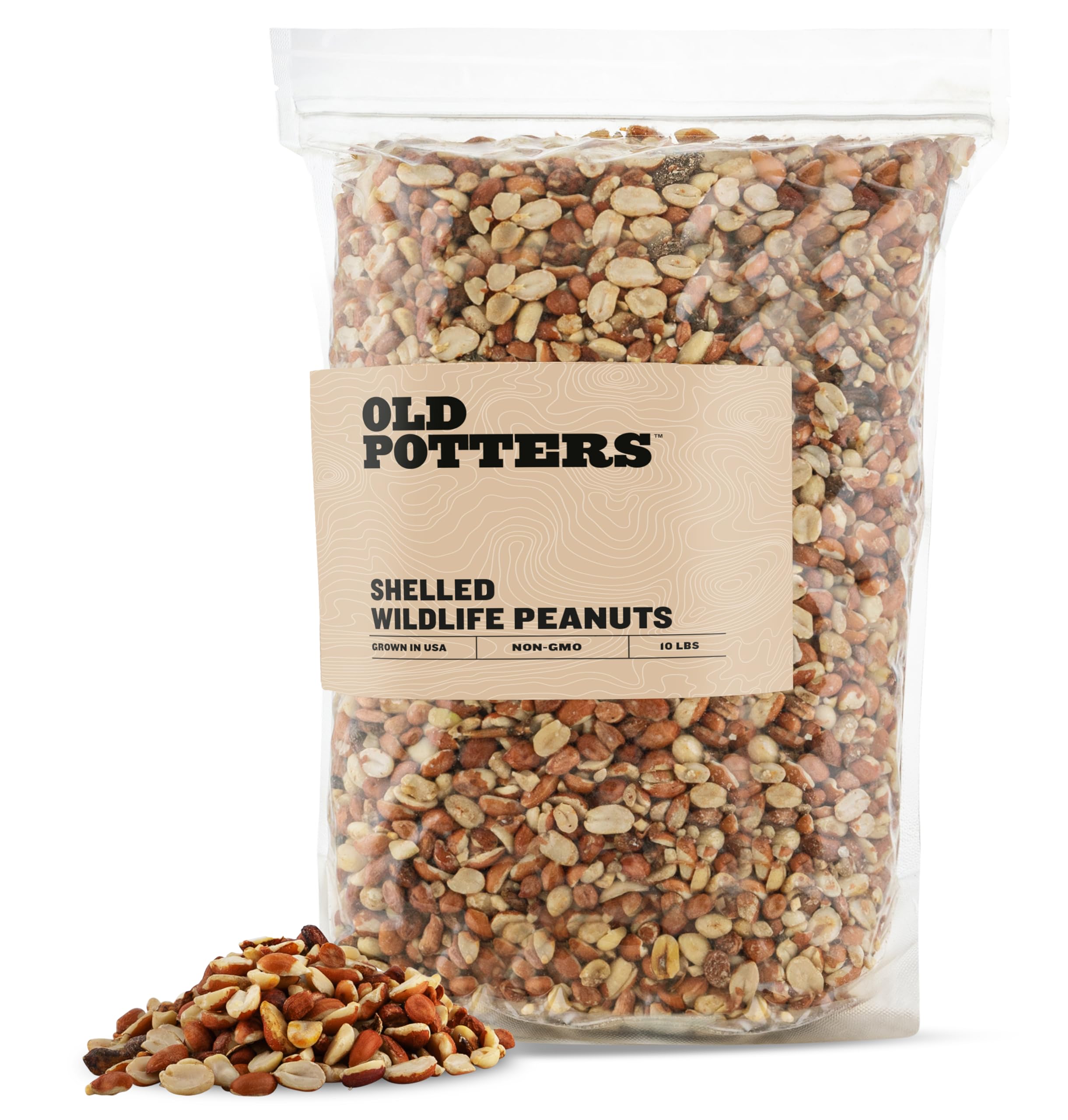Old Potters Wildlife Shelled Peanuts packaging shows USA-sourced quality for nutritious backyard wildlife snack