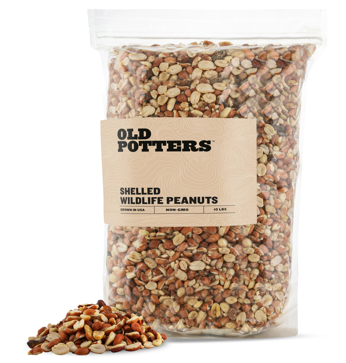Old Potters Wildlife Shelled Peanuts packaging shows USA-sourced quality for nutritious backyard wildlife snack