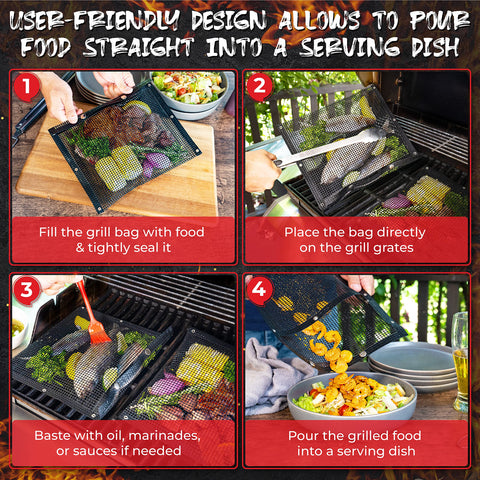 Oleex BBQ bags filled with chicken and vegetables for even grilling