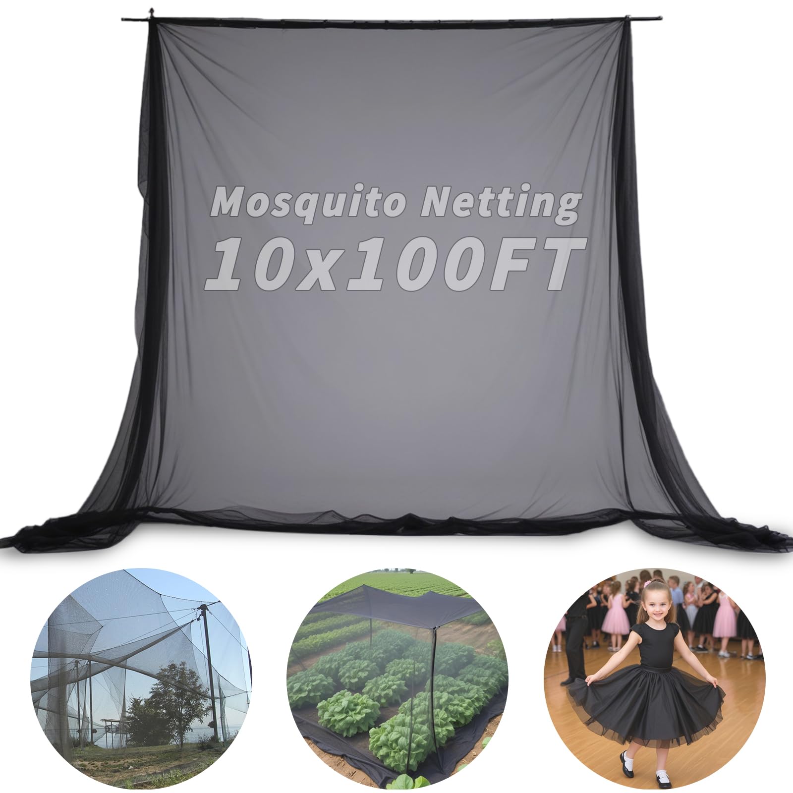 Oleitodh black mosquito netting draped over a garden creating a protective see-through barrier