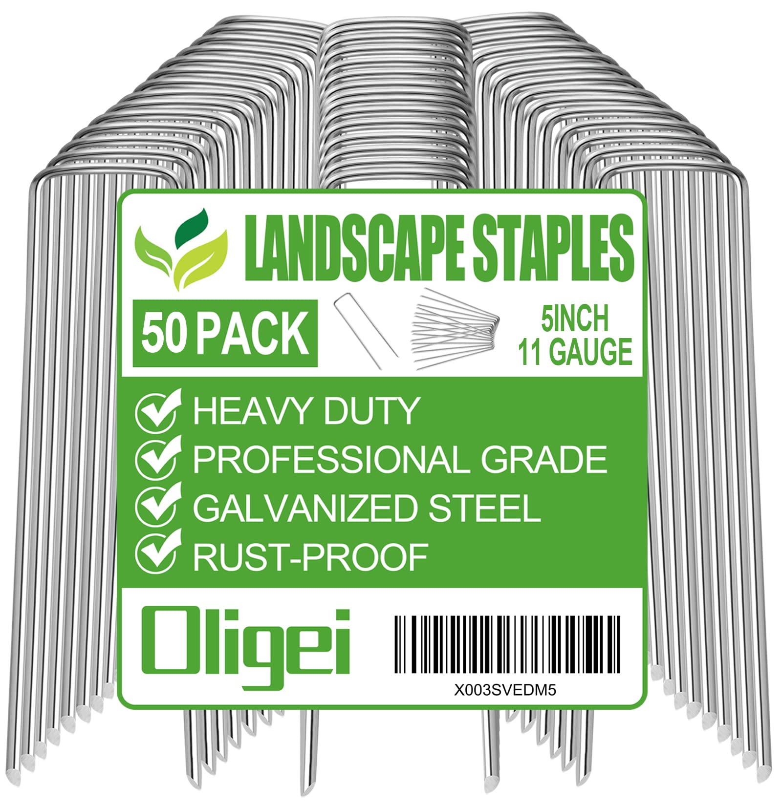 Oligei 50-pack garden stakes with U-shaped design for secure ground anchoring.