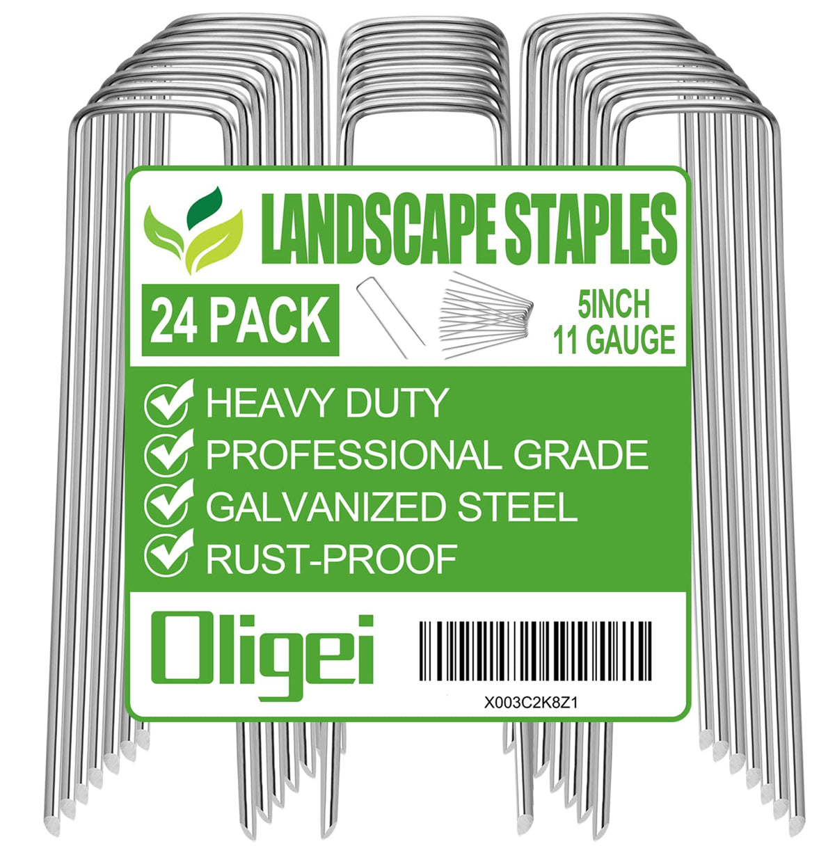 Oligei 5-inch galvanized garden stake securing weed barrier fabric.