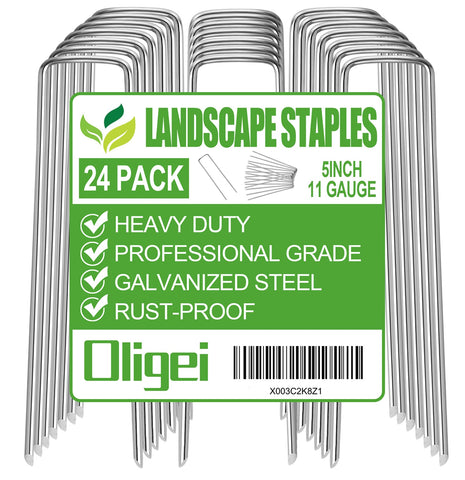 Oligei 5-inch galvanized garden stake securing weed barrier fabric.