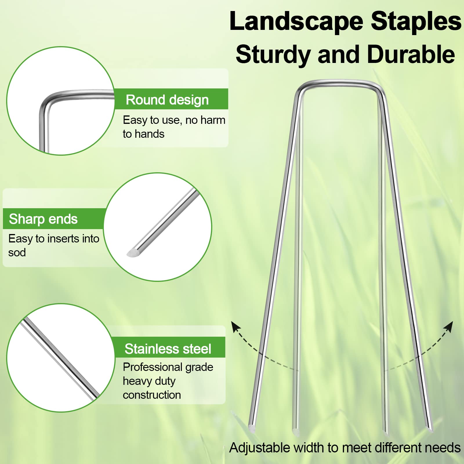 Oligei ground stakes with adjustable width help tension weed barriers.