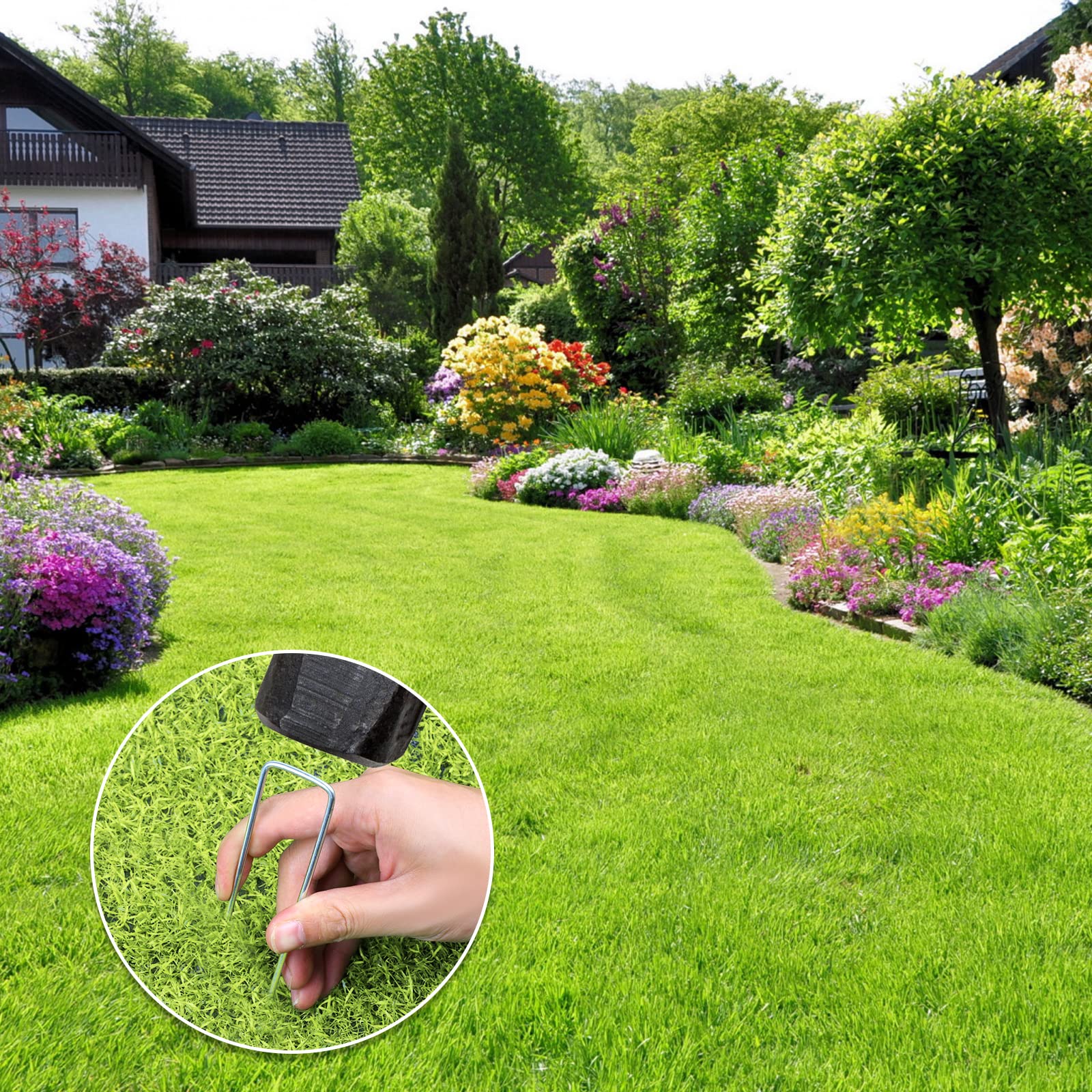 Oligei landscape staple anchoring netting, fencing, and turf.