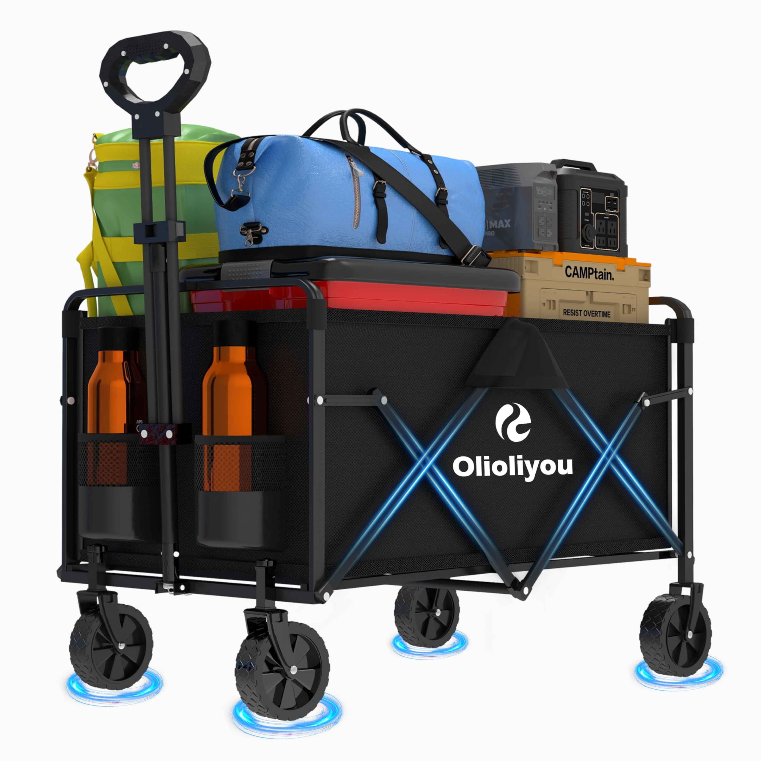 Olioliyou collapsible wagon frame shows a sturdy build for heavy loads on outdoor trips.