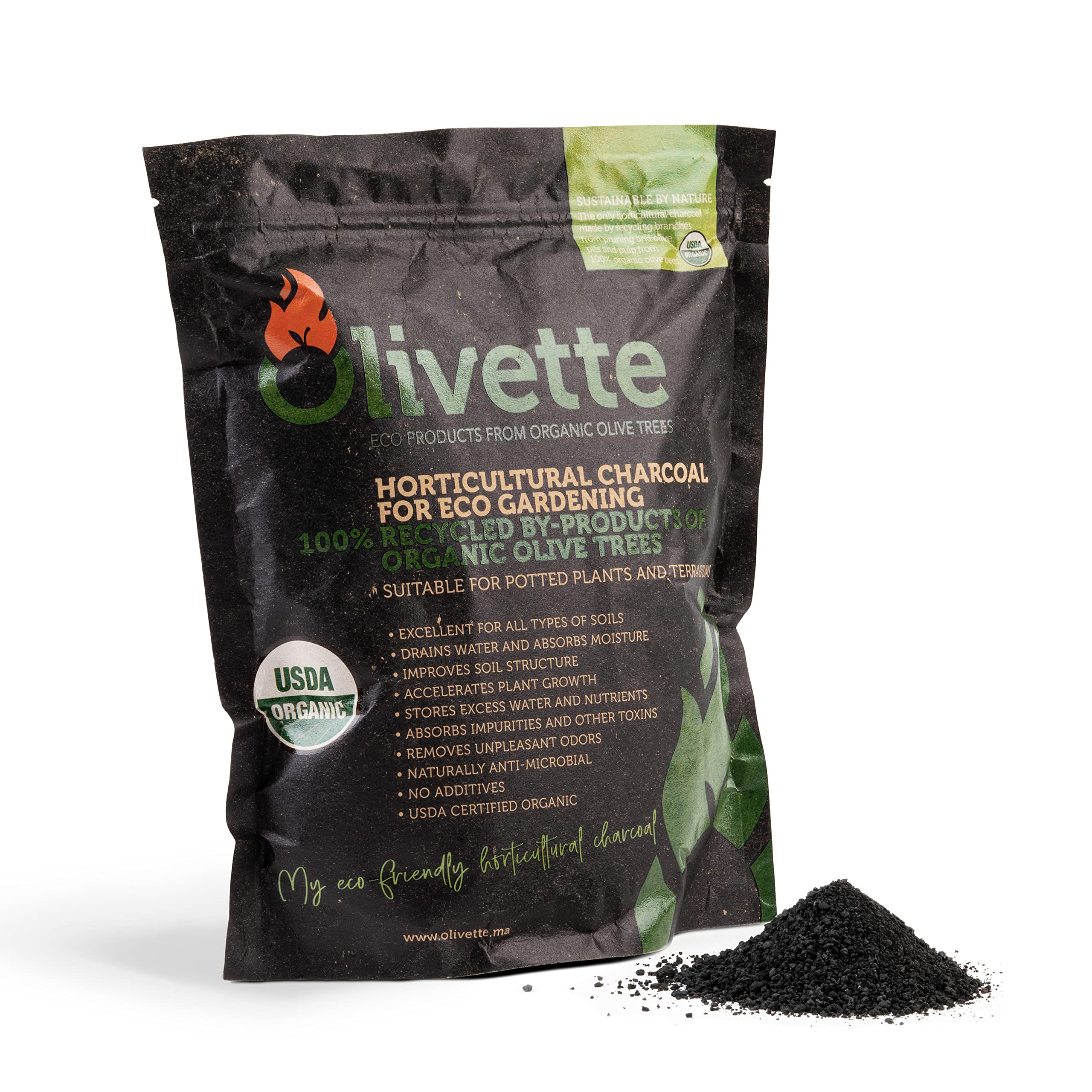 Olivette biochar activated charcoal bag improves indoor plant soil moisture retention.
