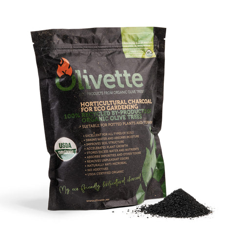 Olivette biochar activated charcoal bag improves indoor plant soil moisture retention.