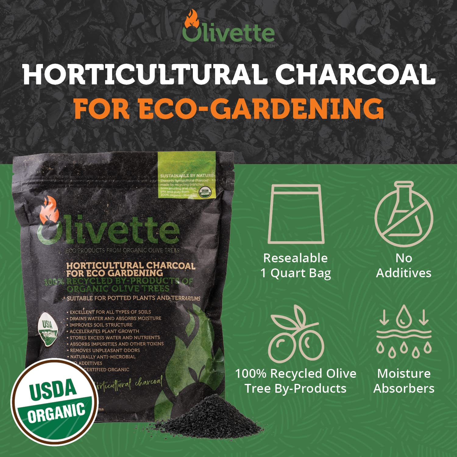 Olivette biochar moisture-control soil enhances terrarium and potting mix performance.
