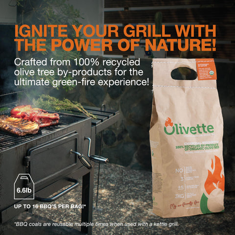 Olivette briquettes bag pour demonstrates easy refilling and mess-free handling.