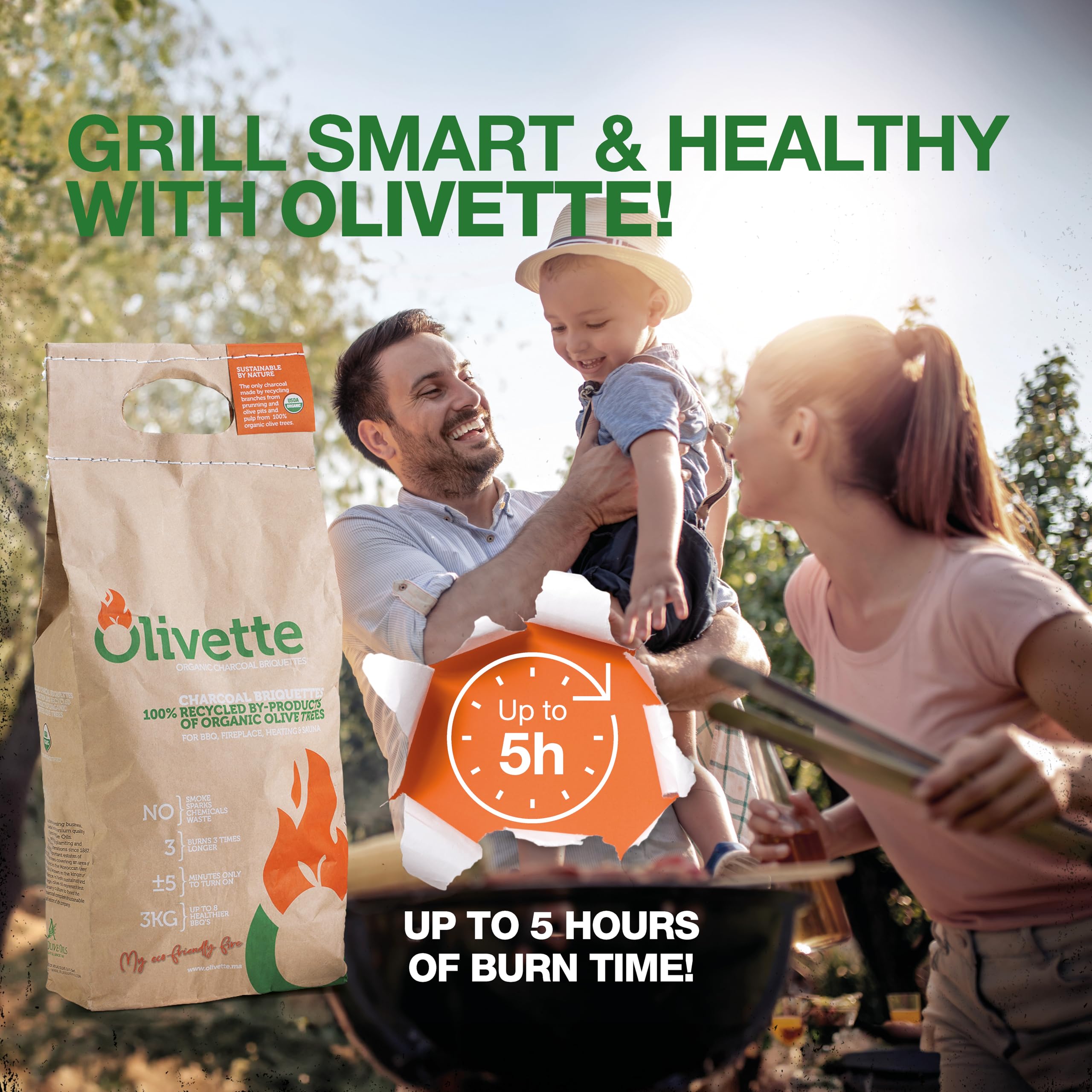 Olivette briquettes eco-friendly packaging highlights recycled materials.