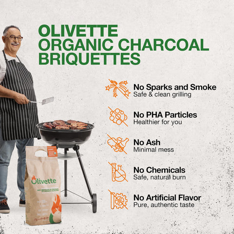 Olivette Charcoal uses recycled olive wood for reliable heat.